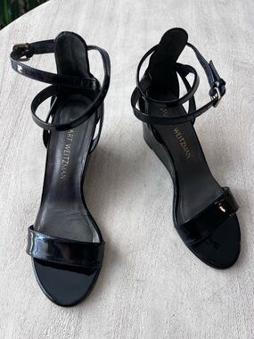 Stuart Weitzman Black Patent Ankle-Strap Wedge Sandals - Sz 6.5